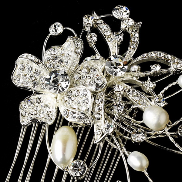 Elegance by Carbonneau comb-9807 Lovely Silver Floral Hair Comb w/ Freshwater Pearls & Clear Rhinestones 9807