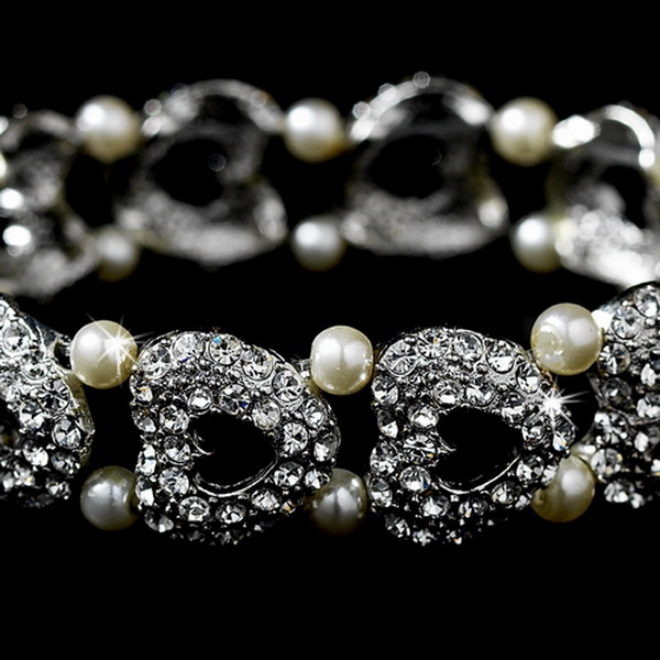 Elegance by Carbonneau B-927-Silver-Ivory Elegant Pearl & Crystal Stretch Heart Bracelet B 927