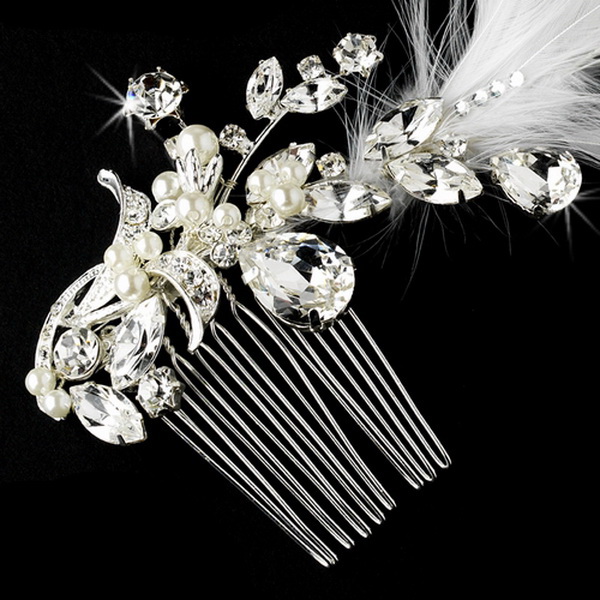 Elegance by Carbonneau Comb-9824 Vintage Silver Clear Crystal Bridal Comb w/ White Feathers 9824