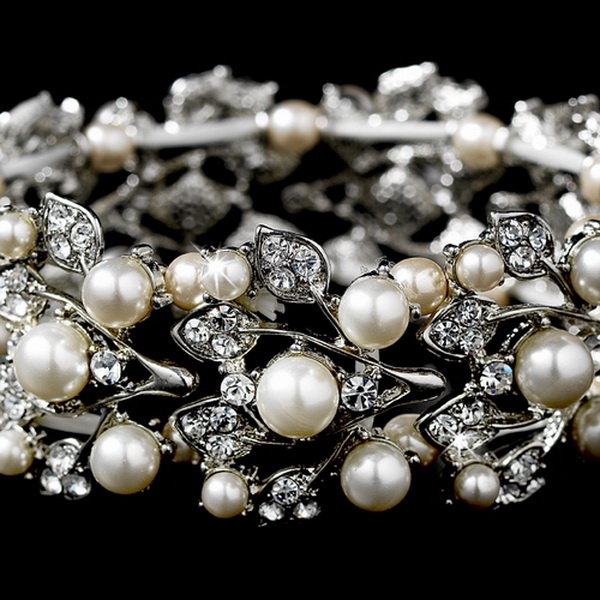 Elegance by Carbonneau B-969-AS-Ivory Silver Ivory Vintage Stretch Pearl & Rhinestone Bracelet B 969