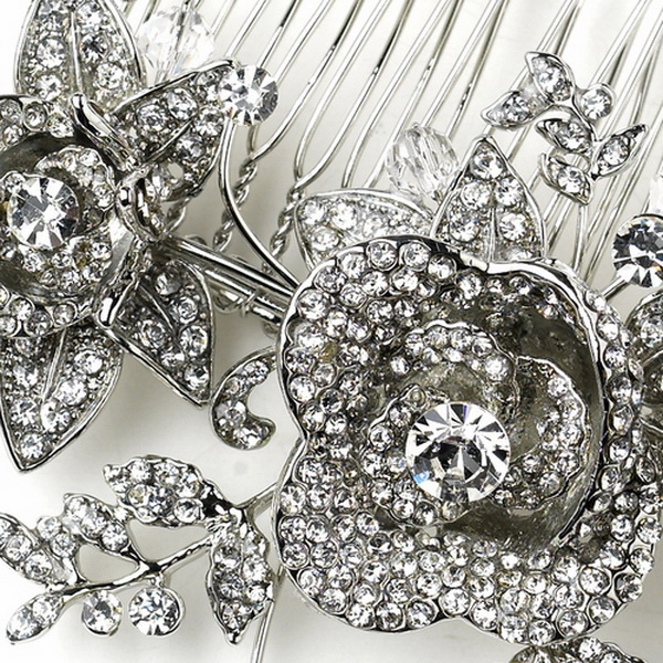 Elegance by Carbonneau Comb-753-AS-Clear Antique Silver Clear Rhinestone Diamond White Flower & Leaf Hair Comb 753