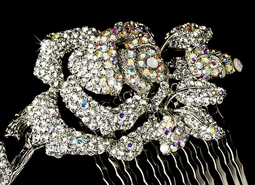 Elegance by Carbonneau HP-2146-Silver-AB Stunning Antique Silver Aurora Borealis Flower Bridal Comb 2146