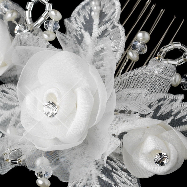 Elegance by Carbonneau Comb-9718-DW Diamond White Pearl & Swarovski Crystal & Bugle Bead Sheer Organza Fabric Flower Hair Comb 9718