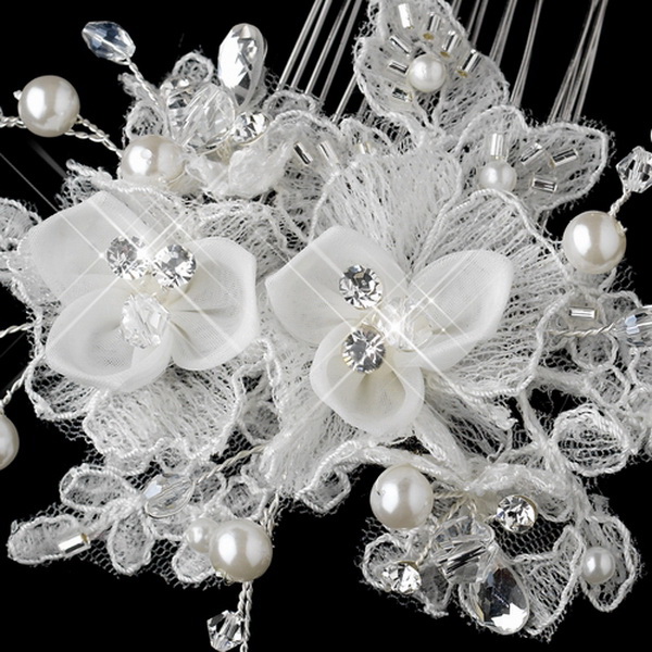 Elegance by Carbonneau Comb-9726-DW Swarovski Crystal Bead & Diamond White Pearl Fabric Flower Hair Comb 9726