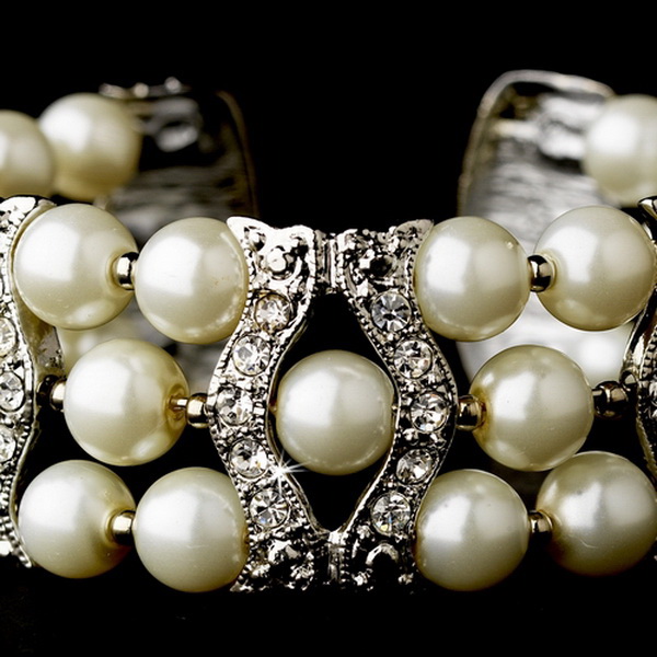 Elegance by Carbonneau B-2519-AS-Cream Silver Clear & Cream Coil Cuff Pearl Bracelet 2519