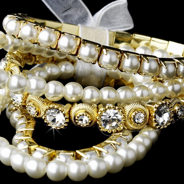 Elegance by Carbonneau B-8459-Gold Vintage 5 Strand Gold Pearl & Rhinestone Bracelet Set 8459