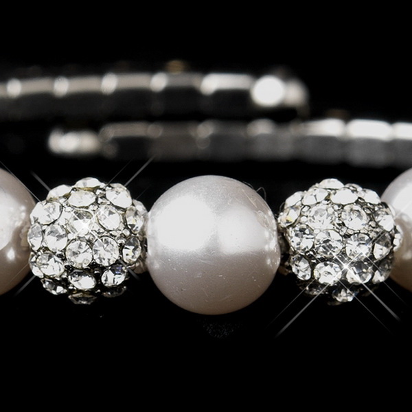Elegance by Carbonneau B-8824-S-White Silver White Pearl & Clear Rhinestone Fashion Coil Bracelet 8824