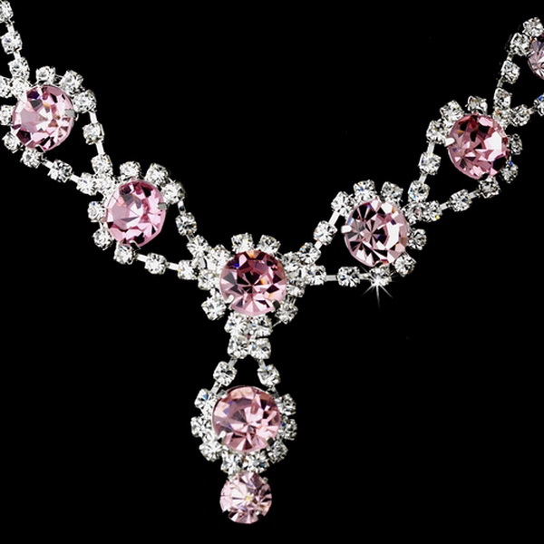 Elegance by Carbonneau NE-4362-Pink Silver Necklace & Earring Set with Light Rose Crystals and Clear Rhinestones 4362
