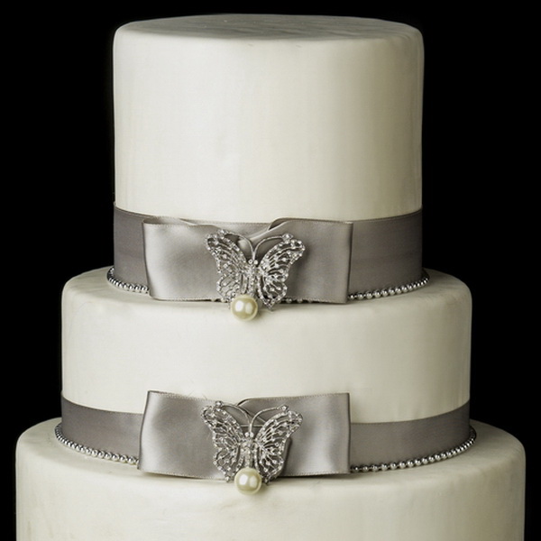 Elegance by Carbonneau Cake-Brooch-124 Decorative Silver Clear Rhinestone & Ivory Pearl Butterfly Brooch 124