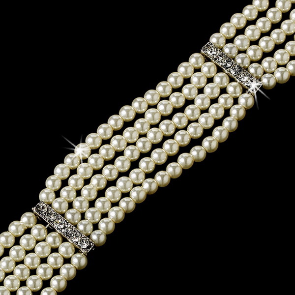 Elegance by Carbonneau B-602-Ivory Silver Ivory Pearl with Cubic Zirconia 5 Row Bracelet B 602