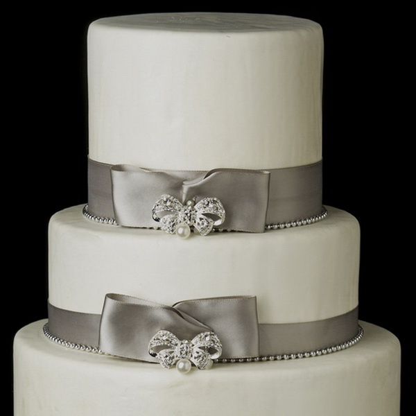 Elegance by Carbonneau Cake-Brooch-3443 Decorative Silver Clear Rhinestone & Diamond White Pearl Ribbon Bow Brooch 3443