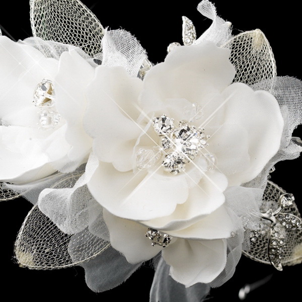Elegance by Carbonneau HP-9714-S-Ivory Silver Ivory Fabric Flower with Swarovski Crystal & Rhinestone Side Accented Matte Satin Fabric Flower & Mesh Petal Headband Headpiece 9714