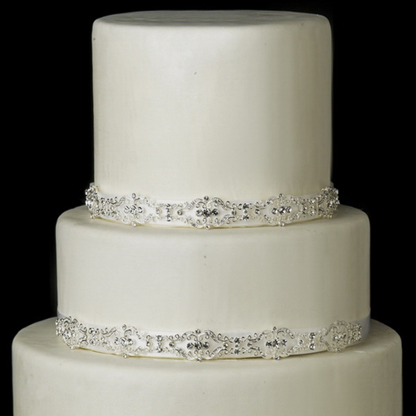 Elegance by Carbonneau Cake-HP-8362 Decorative Silver Clear Swirl Rhinestone Satin Ribbon HP 8362