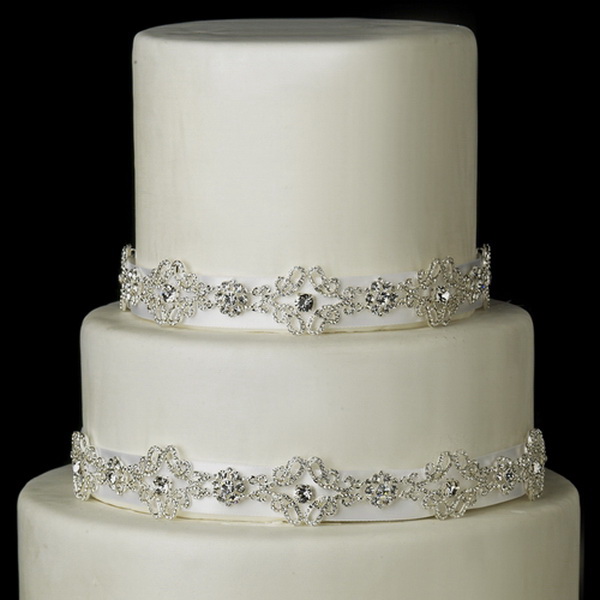 Elegance by Carbonneau Cake-HP-9854 Decorative Silver Clear Swirl Rhinestone Satin Ribbon HP 9854