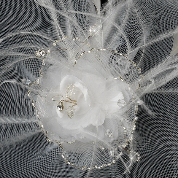 Elegance by Carbonneau Comb-2174 Fine Tulle Visor Bridal Hat with Feather Flower Accent Attached to Comb 2174