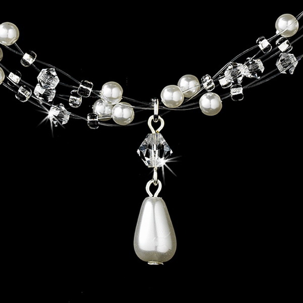Elegance by Carbonneau NE-8146-White Charming Silver White Pearl & AB Crystal Bead Necklace & Earring Set 8146