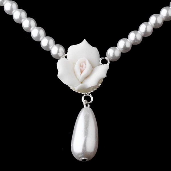 Elegance by Carbonneau NE-409-Silver-White Necklace Earring Set 409 Silver White