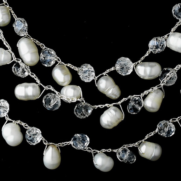 Elegance by Carbonneau NE-7829-Silver-White Silver Silk White Pearl Clear Crystal Necklace Earring Set 7829