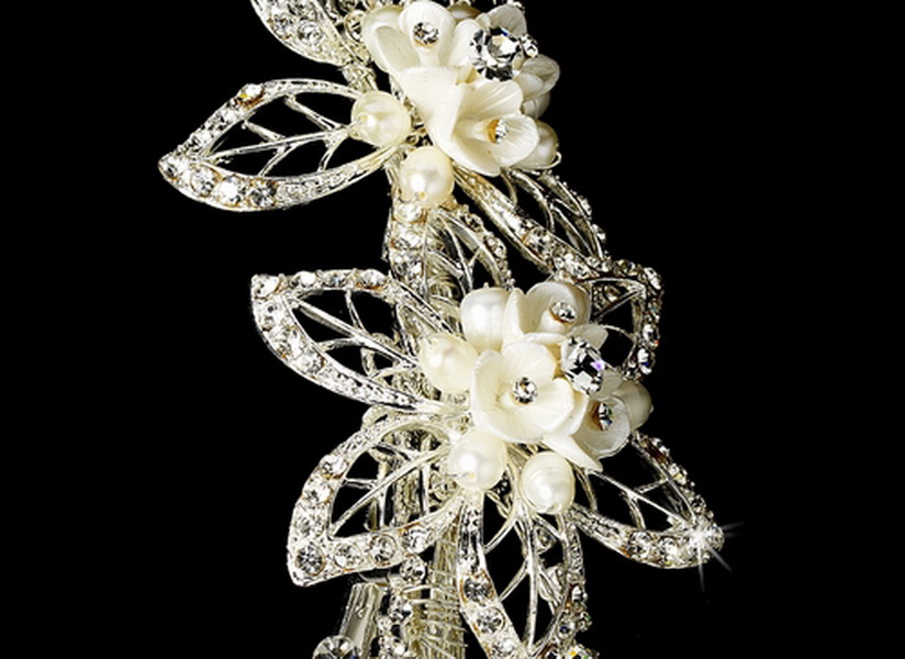 Elegance by Carbonneau Clip-2496-silverivory Pearl & Rhinestone Bridal Headpiece Clip 2496 Silver Ivory