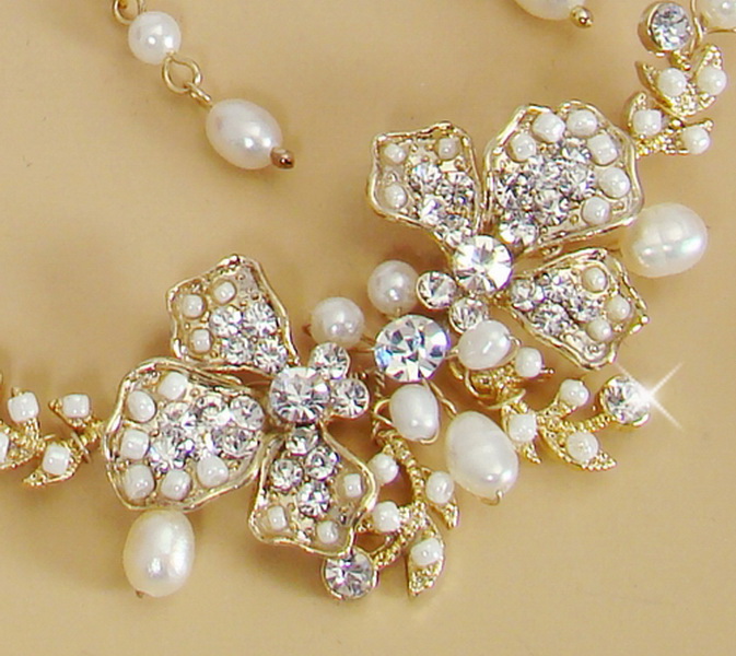 Elegance by Carbonneau NE-7803-GoldPearl Freshwater Pearl Bridal Necklace Earring Set NE 7803