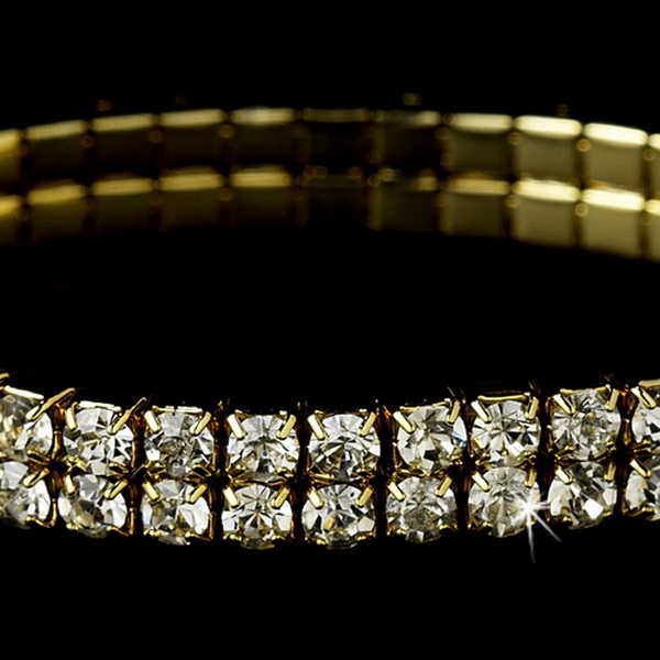 Elegance by Carbonneau B-8012-Gold Alluring Gold 2 Row Clear Rhinestone Stretch Bracelet 8012