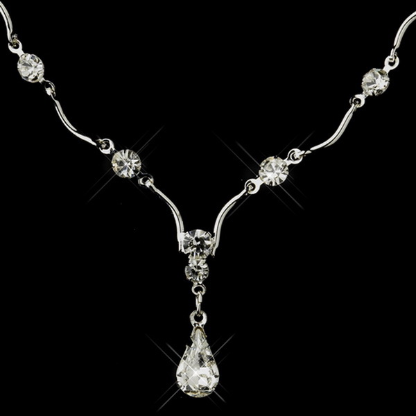 Elegance by Carbonneau NE-72067-S-Clear Silver Clear Rhinestone Drop Necklace & Earrings Bridal Jewelry Set 72067