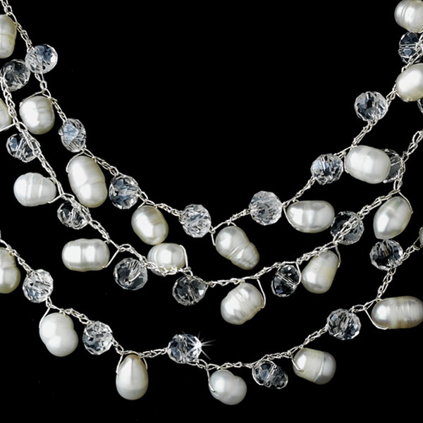 Elegance by Carbonneau N-7829-Silver Silver Silk White Pearl Clear Crystal Necklace 7829