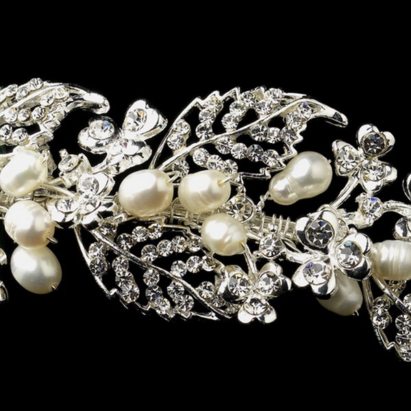 Elegance by Carbonneau HP-9055-S-FW-Ivory Silver Freshwater Ivory Pearl & Rhinestone Vine Lead Headband Headpiece 9055