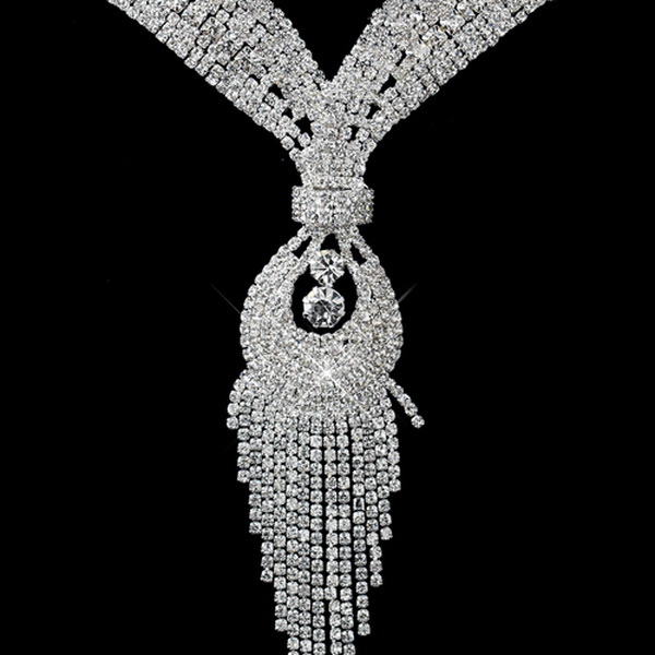 Elegance by Carbonneau NE-47495-S-Clear Extravagant Silver Chandelier Rhinestone Necklace & Earrings Jewelry Set 47495