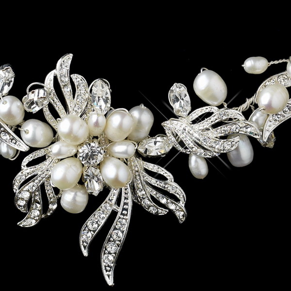 Elegance by Carbonneau NE-9312-S-FW Silver Freshwater Pearl & Rhinestone Necklace & Earrings Jewelry Set 9312
