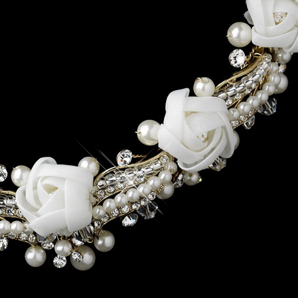 Elegance by Carbonneau NE-9613-G-Ivory Gold Ivory Pearl, Rhinestone & Swarovski Crystal Necklace & Earrings Flower Jewelry Set 9613