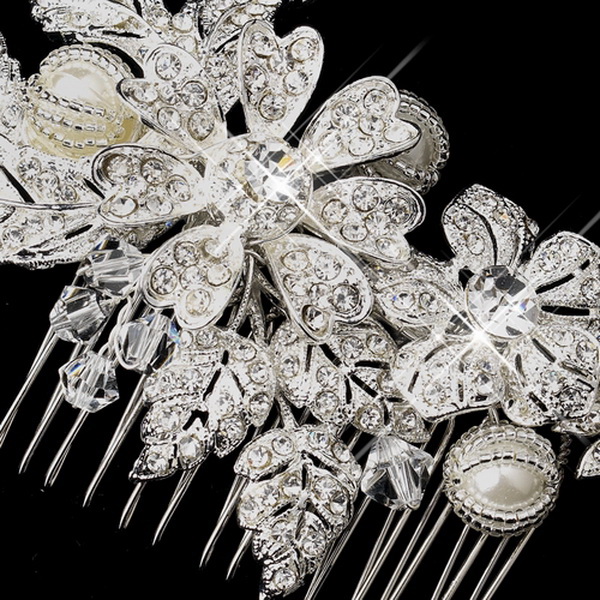 Elegance by Carbonneau Comb-9914-S-Ivory Silver Rhinestone, Crystal & Ivory Pearl Comb 9914