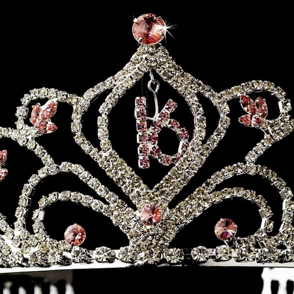 Elegance by Carbonneau HP-242-Pink-16 Sparkling Vintage Pink Rhinestone Sweet 16 Tiara in Silver 242