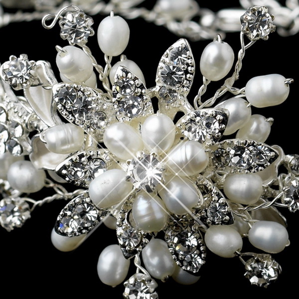 Elegance by Carbonneau B-9302-S-FW Silver Freshwater Pearl & Rhinestone Floral Bracelet 9302
