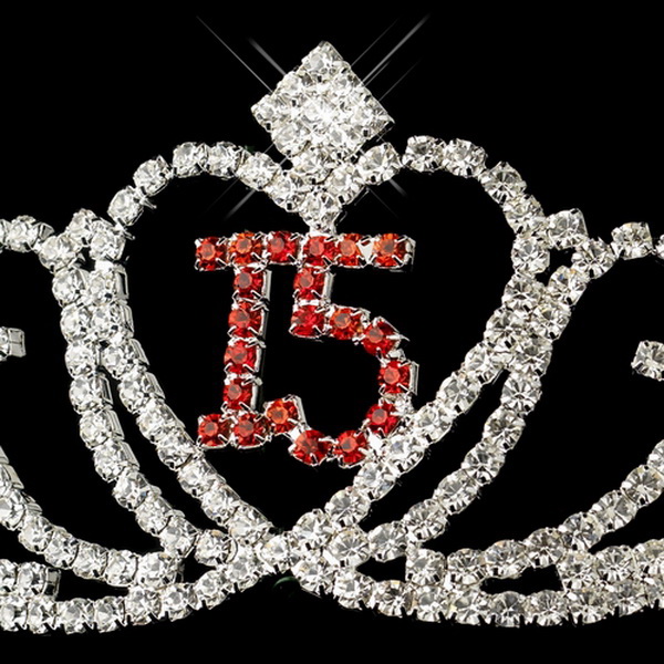 Elegance by Carbonneau HP-7032-Silver-Red-15 Sparkling Red Majestic Quincea?era Rhinestone Tiara in Silver 7032