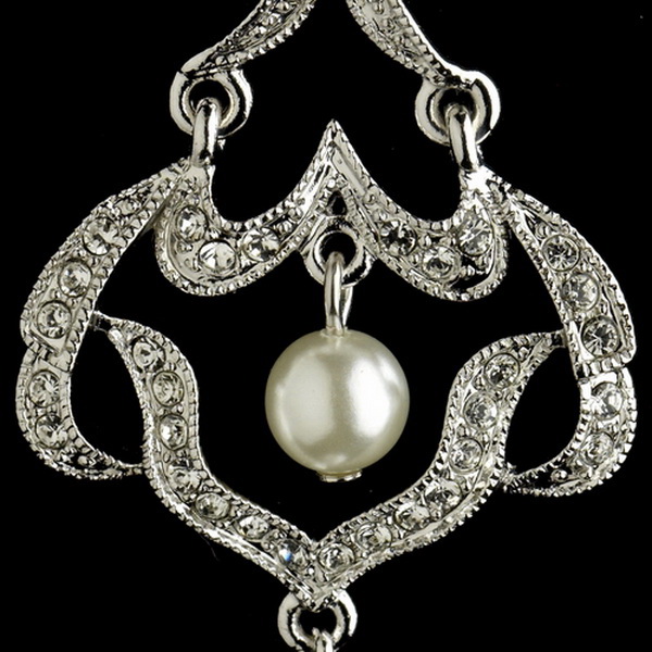 Elegance by Carbonneau Antique Rhodium Silver Clear Rhinestone & Diamond White Pearl Chandelier Earrings 7863