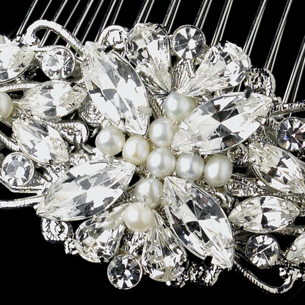 Elegance by Carbonneau Antique Silver Rhodium Clear Rhinestone & Ivory Pearl Floral Comb 654