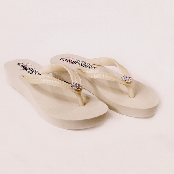 Elegance by Carbonneau Summer-Ivory Summer ~ Low Heel Ivory Wedge Flip Flops with Sequins & Swarovski Crystals