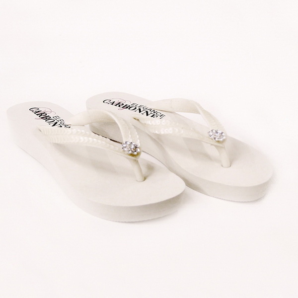 Elegance by Carbonneau Summer-White Summer ~ Low Heel White Wedge Flip Flops with Sequins & Swarovski Crystals