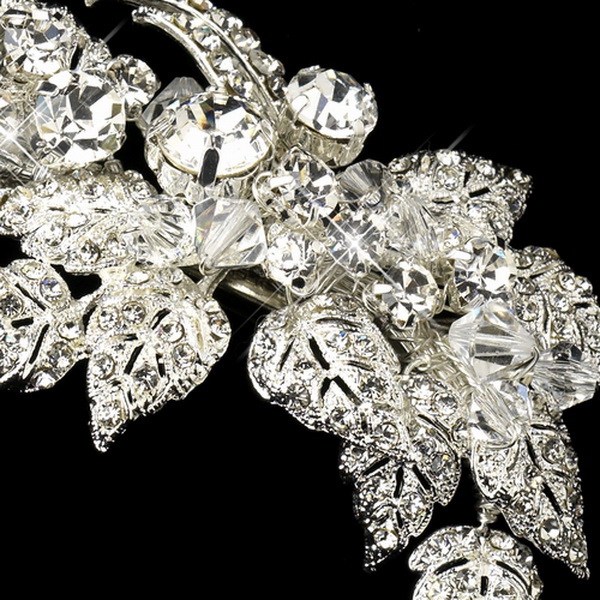 Elegance by Carbonneau Silver Clear Swarovski Crystal Bead & Rhinestone Floral Leaf Side Clip 9502