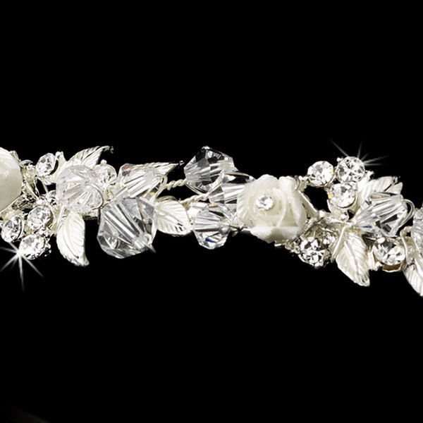 Elegance by Carbonneau HP-3890-Silver Crystals & Porcelain Flowers Silver Headband Headpiece 3890