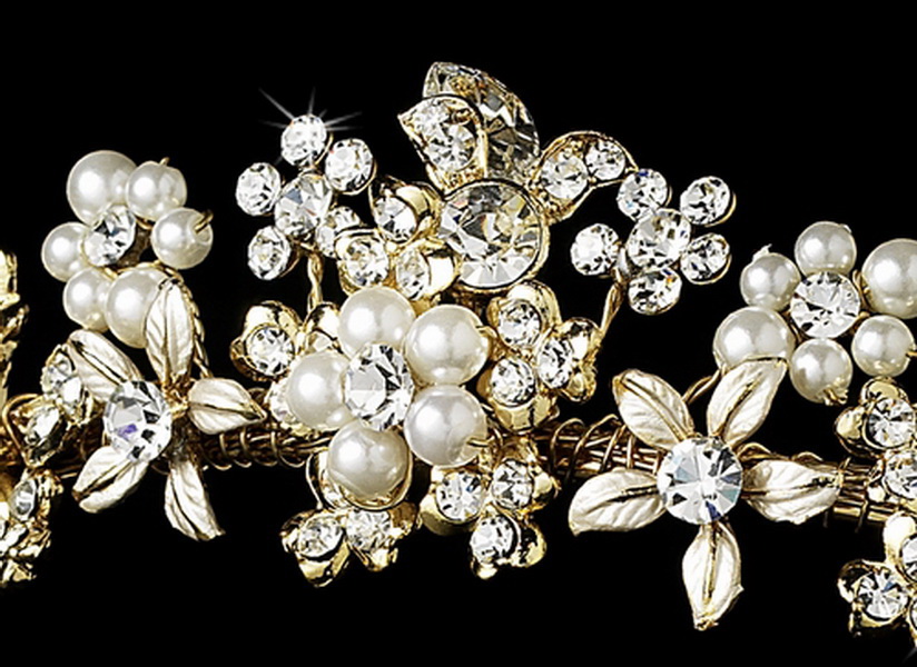 Elegance by Carbonneau HP-8452-Gold-Ivory Gold & Ivory Pearl Floral Bridal Tiara HP 8452