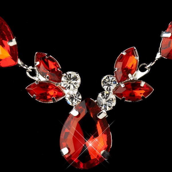 Elegance by Carbonneau Silver Red & Clear Rhinestone Necklace & Earrings Jewelry Set 47003