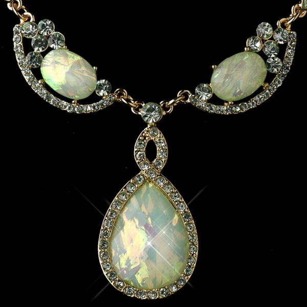 Elegance by Carbonneau Gold Mint Green Opalescent Moonglass Necklace & Earrings Jewelry Set 8158