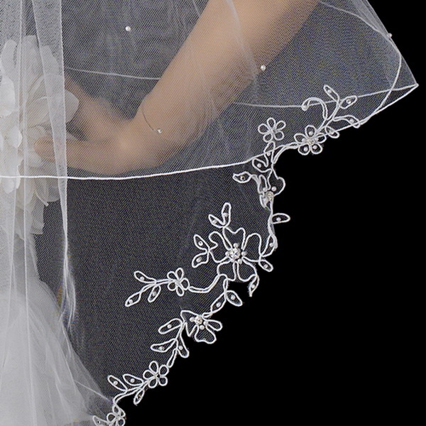 Elegance by Carbonneau V-2008-White Two Tier Fingertip Length Veil with Flower Pattern Pencil Edge of Rhinestones & Pearls 2008