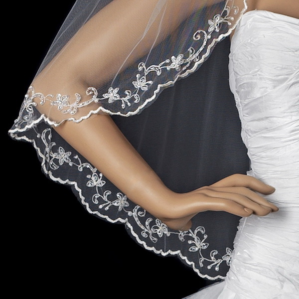 Elegance by Carbonneau V-595 Single Layer Fingertip Length Veil with Scalloped Embroidered Edge 595