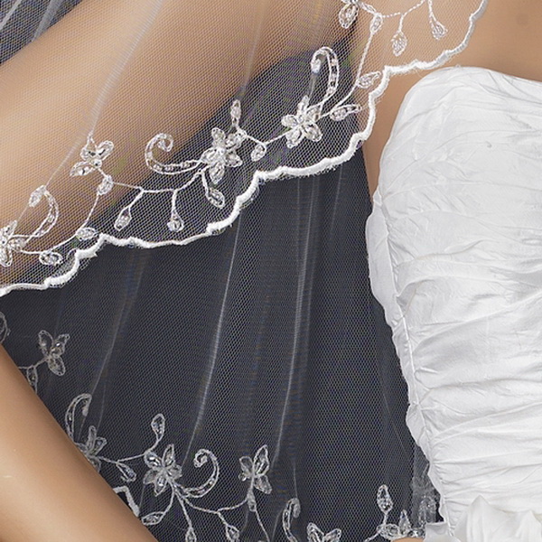 Elegance by Carbonneau V-1086-1E Single Layer Elbow Length Veil with Floral Edge of Embroidery & Sequencing 1086