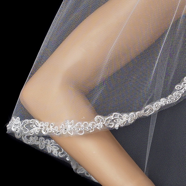 Elegance by Carbonneau V-1560-1E Single Layer Elbow Length Veil with Decadent Cut Edge of Embroidery & Accents 1560