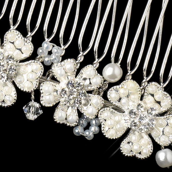 Elegance by Carbonneau Silver White Pearl Rhinestone & Bugle Bead Floral Hair Comb 43