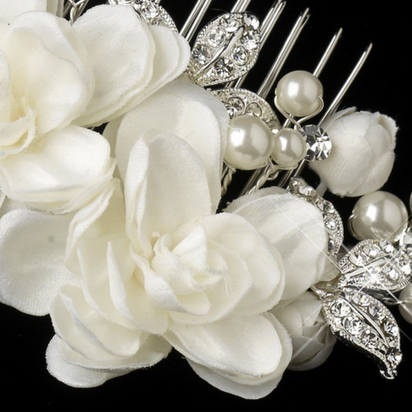 Elegance by Carbonneau Silver Ivory Floral Flower Hair Accent Pearl & Rhinestone Hair Comb 9504